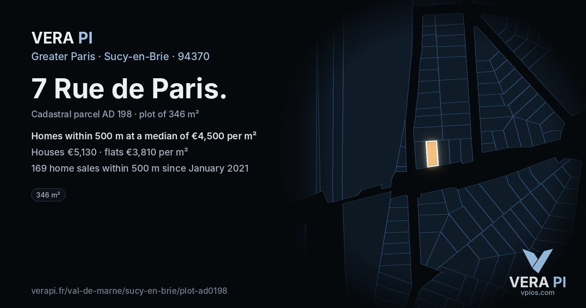 7 Rue de Paris, Sucy-en-Brie at night – the plot lit, the parcels around coloured by the prices near them