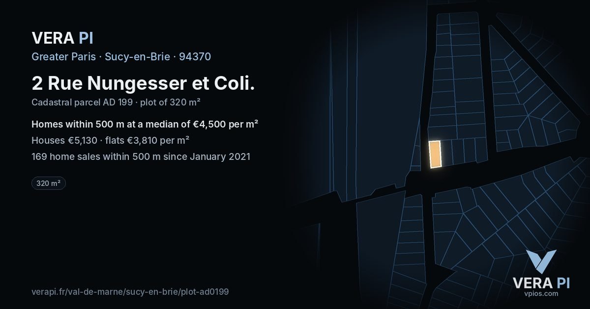 2 Rue Nungesser et Coli, Sucy-en-Brie at night – the plot lit, the parcels around coloured by the prices near them