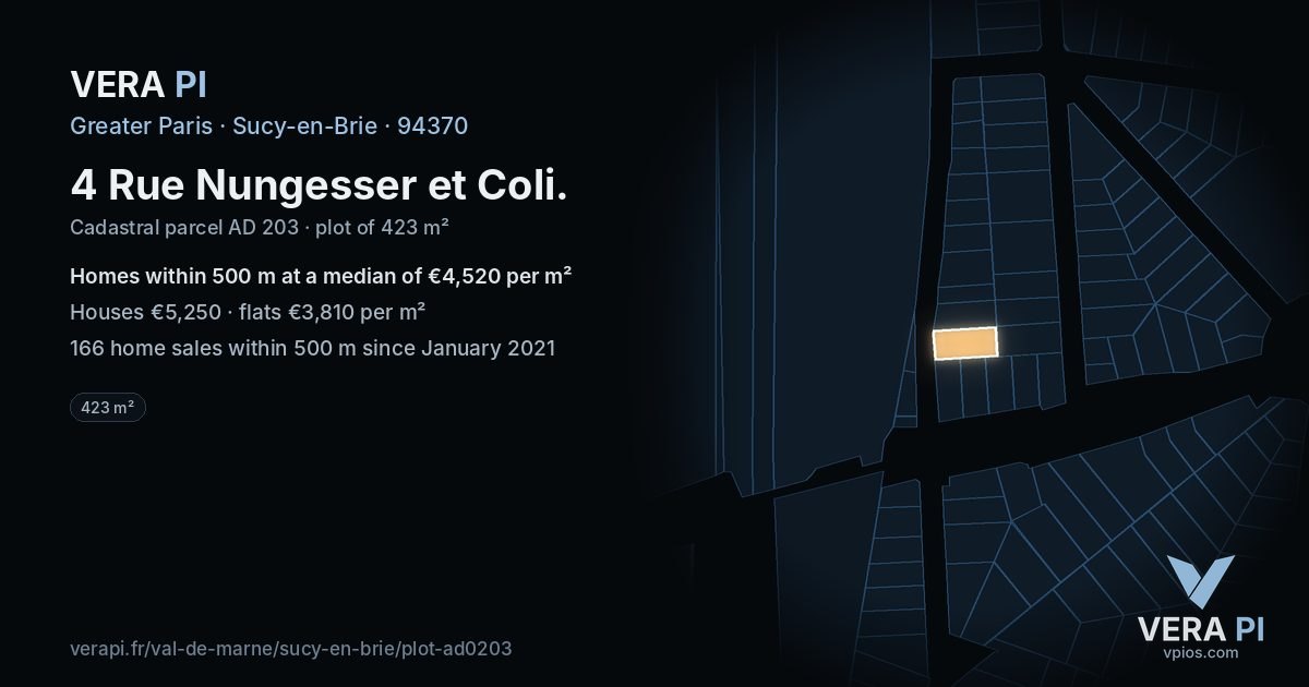 4 Rue Nungesser et Coli, Sucy-en-Brie at night – the plot lit, the parcels around coloured by the prices near them