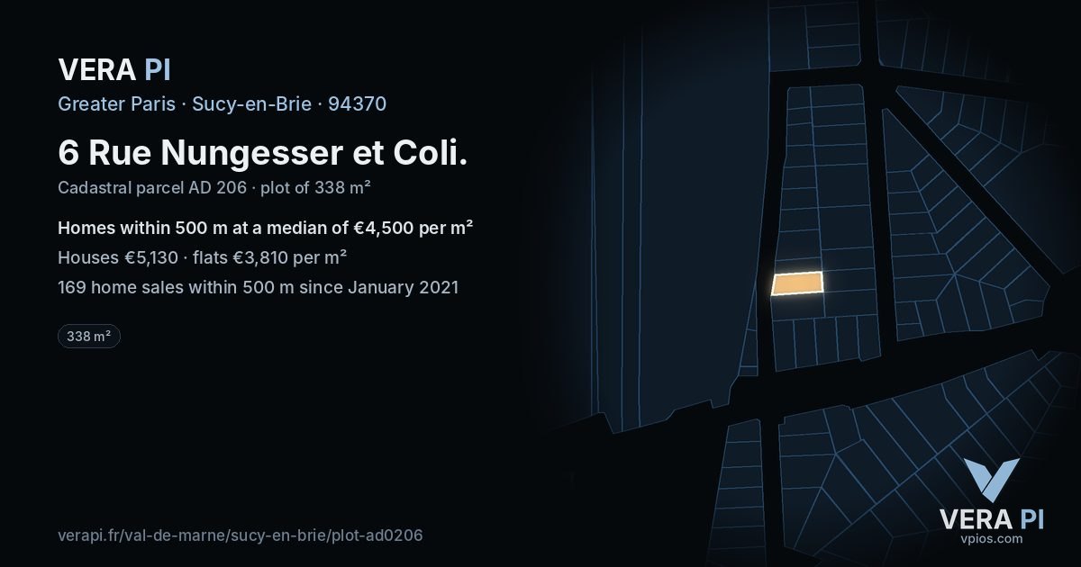6 Rue Nungesser et Coli, Sucy-en-Brie at night – the plot lit, the parcels around coloured by the prices near them