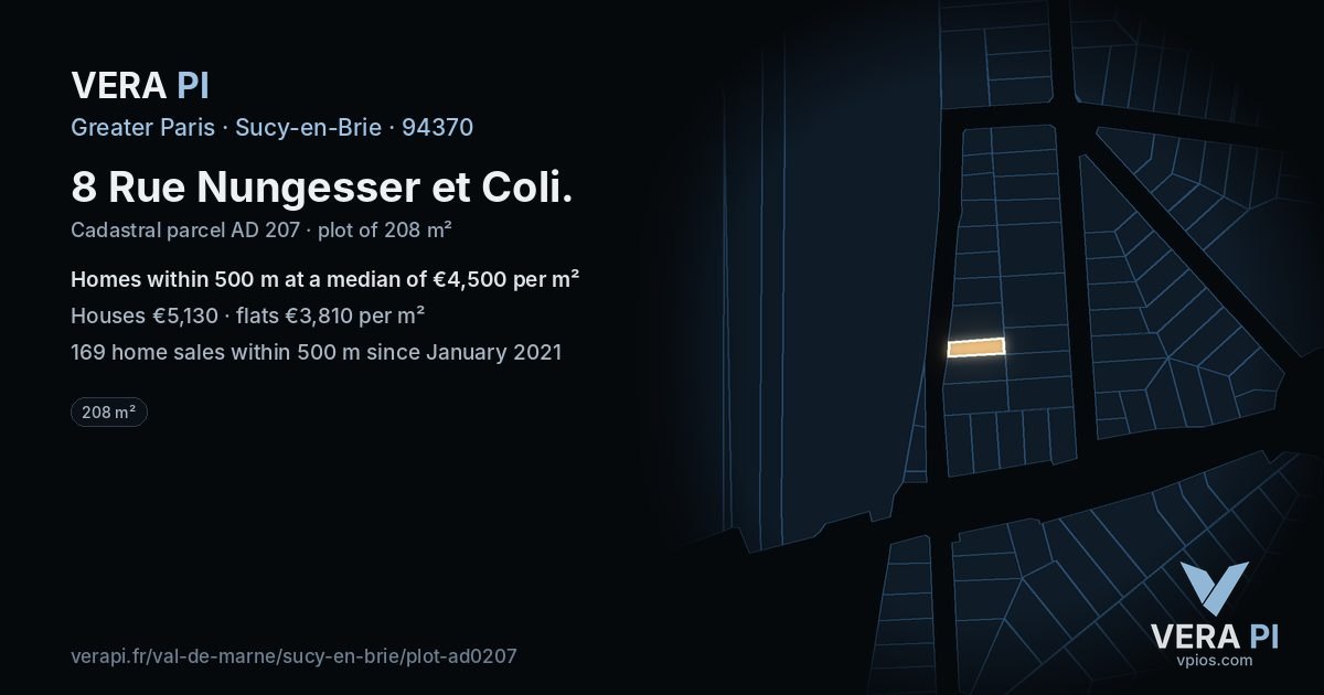 8 Rue Nungesser et Coli, Sucy-en-Brie at night – the plot lit, the parcels around coloured by the prices near them