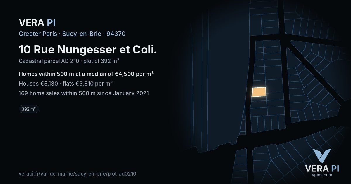 10 Rue Nungesser et Coli, Sucy-en-Brie at night – the plot lit, the parcels around coloured by the prices near them