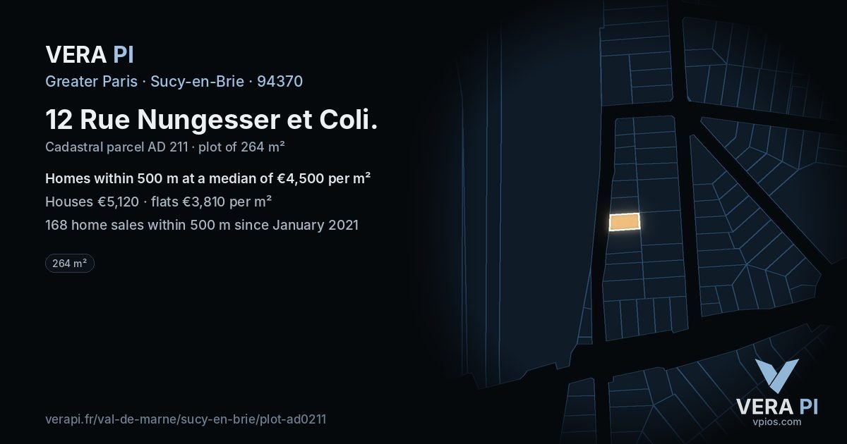 12 Rue Nungesser et Coli, Sucy-en-Brie at night – the plot lit, the parcels around coloured by the prices near them