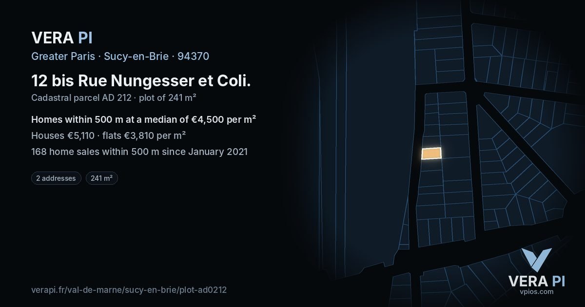 12 bis Rue Nungesser et Coli, Sucy-en-Brie at night – the plot lit, the parcels around coloured by the prices near them