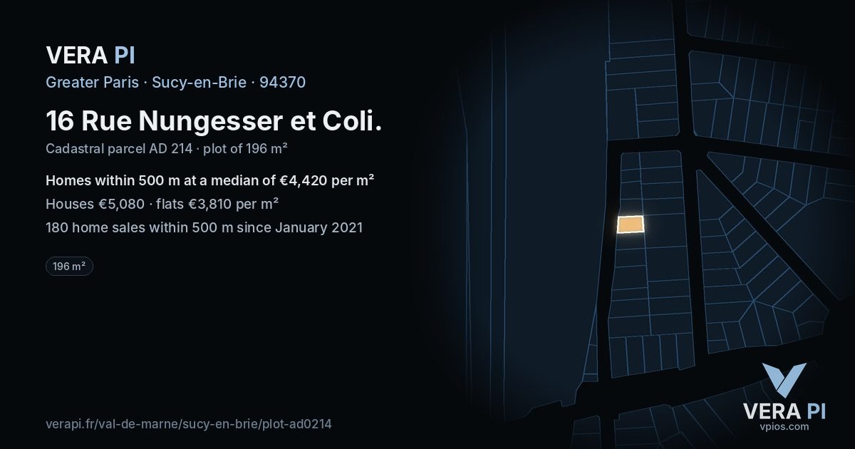 16 Rue Nungesser et Coli, Sucy-en-Brie at night – the plot lit, the parcels around coloured by the prices near them