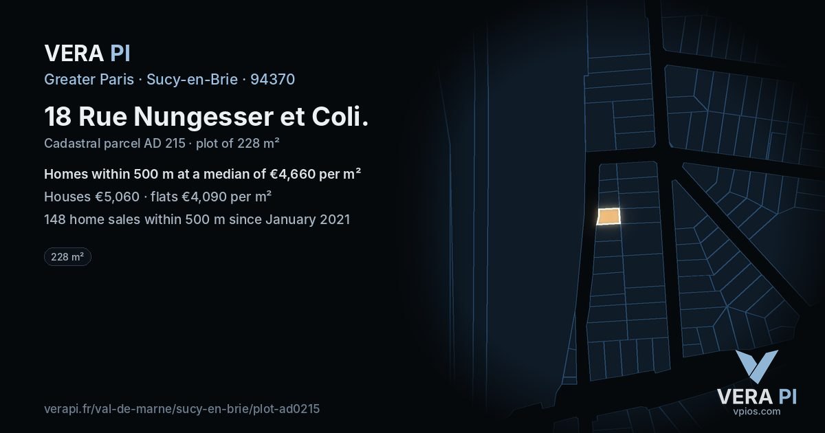 18 Rue Nungesser et Coli, Sucy-en-Brie at night – the plot lit, the parcels around coloured by the prices near them