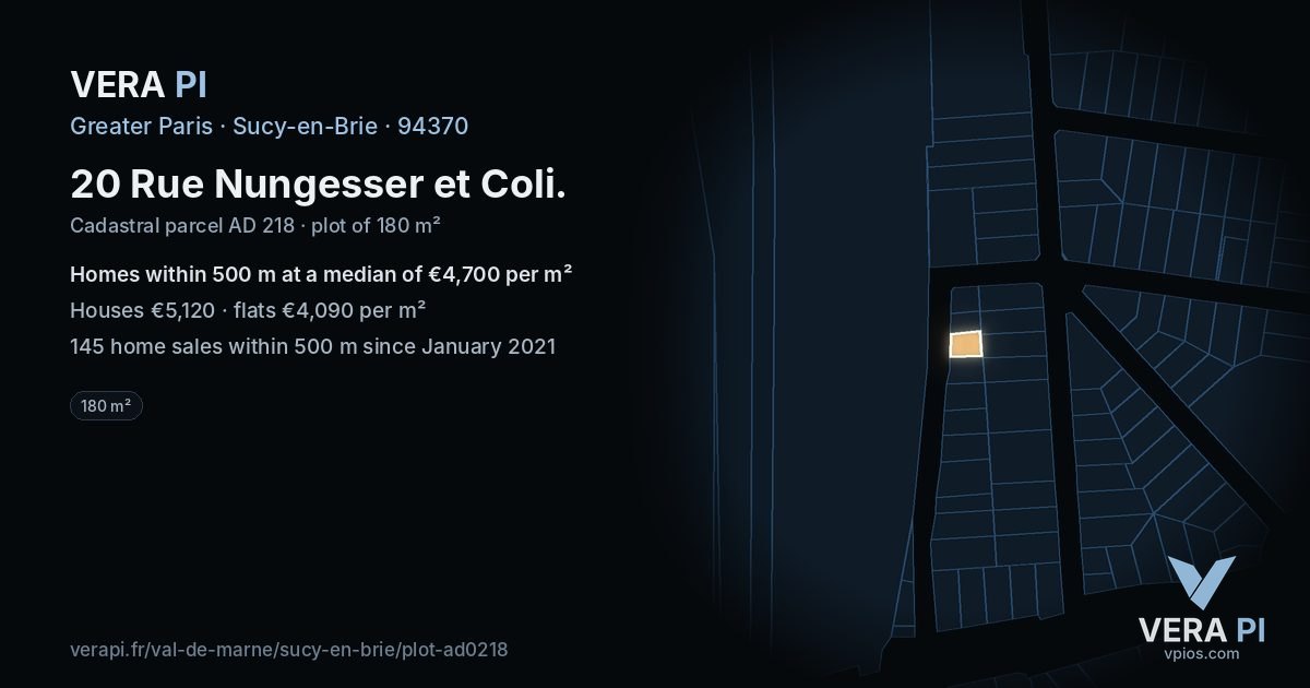 20 Rue Nungesser et Coli, Sucy-en-Brie at night – the plot lit, the parcels around coloured by the prices near them