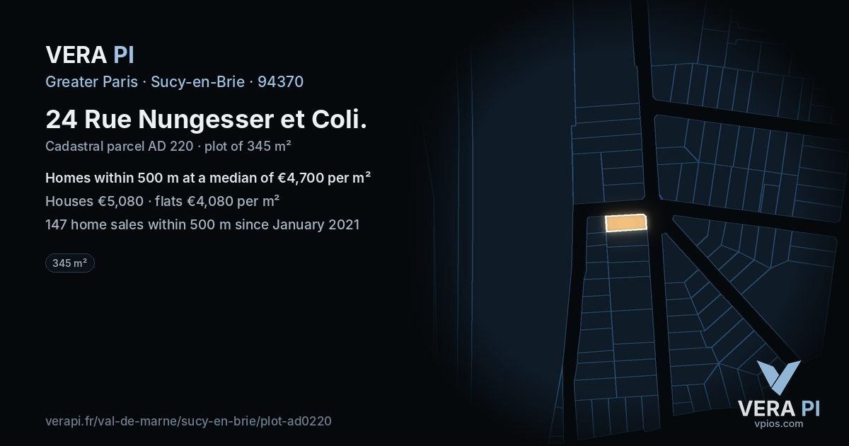 24 Rue Nungesser et Coli, Sucy-en-Brie at night – the plot lit, the parcels around coloured by the prices near them
