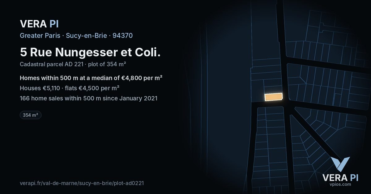5 Rue Nungesser et Coli, Sucy-en-Brie at night – the plot lit, the parcels around coloured by the prices near them
