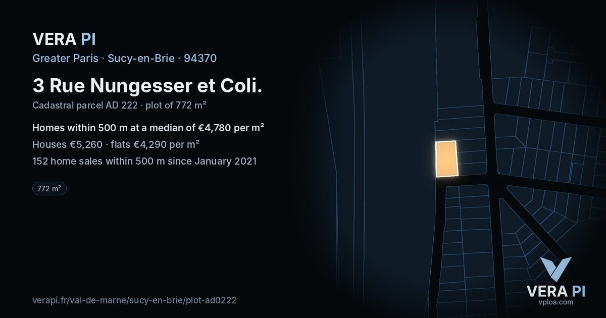 3 Rue Nungesser et Coli, Sucy-en-Brie at night – the plot lit, the parcels around coloured by the prices near them