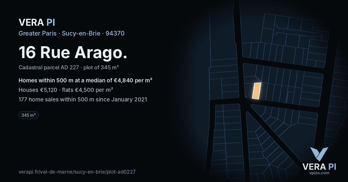 16 Rue Arago, Sucy-en-Brie at night – the plot lit, the parcels around coloured by the prices near them