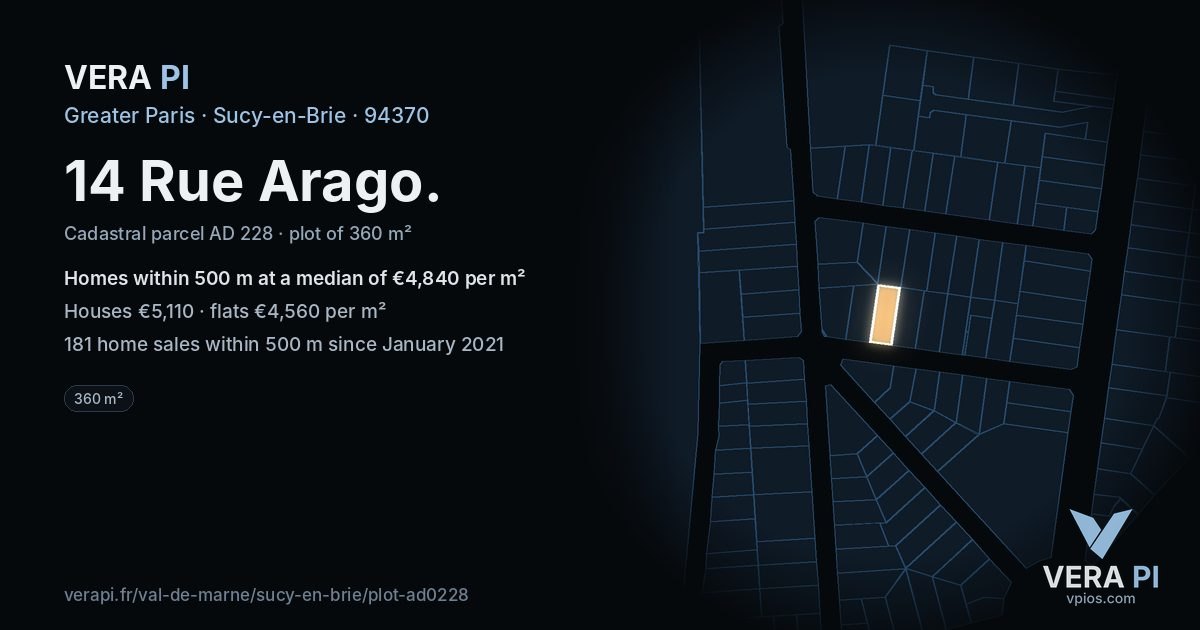 14 Rue Arago, Sucy-en-Brie at night – the plot lit, the parcels around coloured by the prices near them