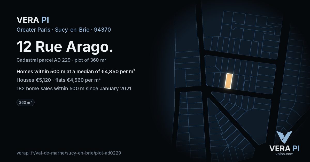 12 Rue Arago, Sucy-en-Brie at night – the plot lit, the parcels around coloured by the prices near them