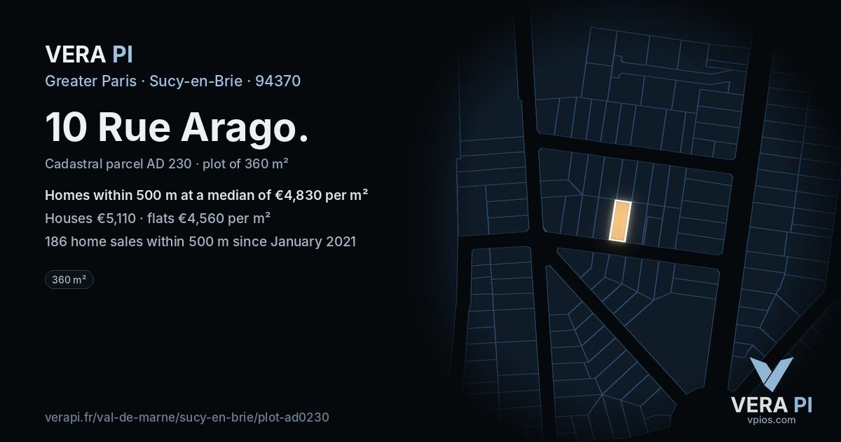 10 Rue Arago, Sucy-en-Brie at night – the plot lit, the parcels around coloured by the prices near them