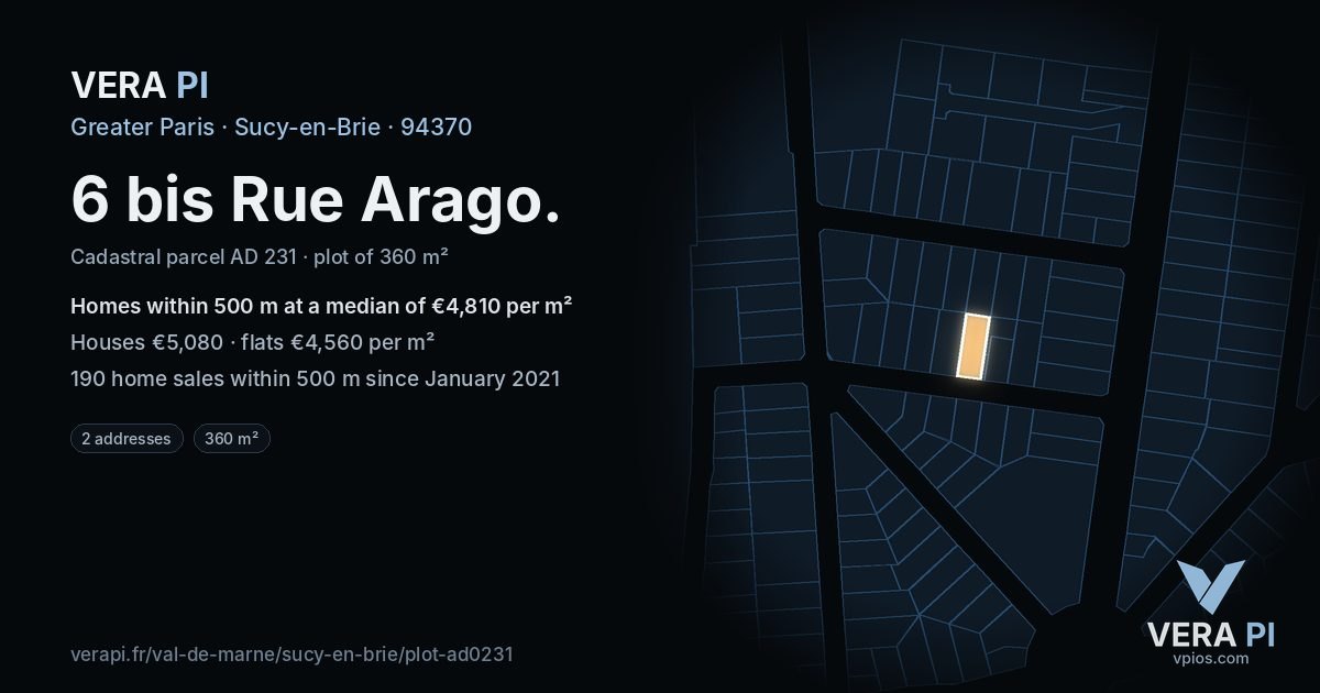 6 bis Rue Arago, Sucy-en-Brie at night – the plot lit, the parcels around coloured by the prices near them