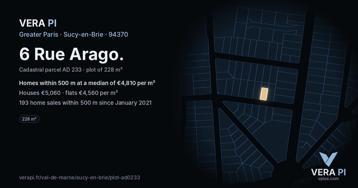 6 Rue Arago, Sucy-en-Brie at night – the plot lit, the parcels around coloured by the prices near them