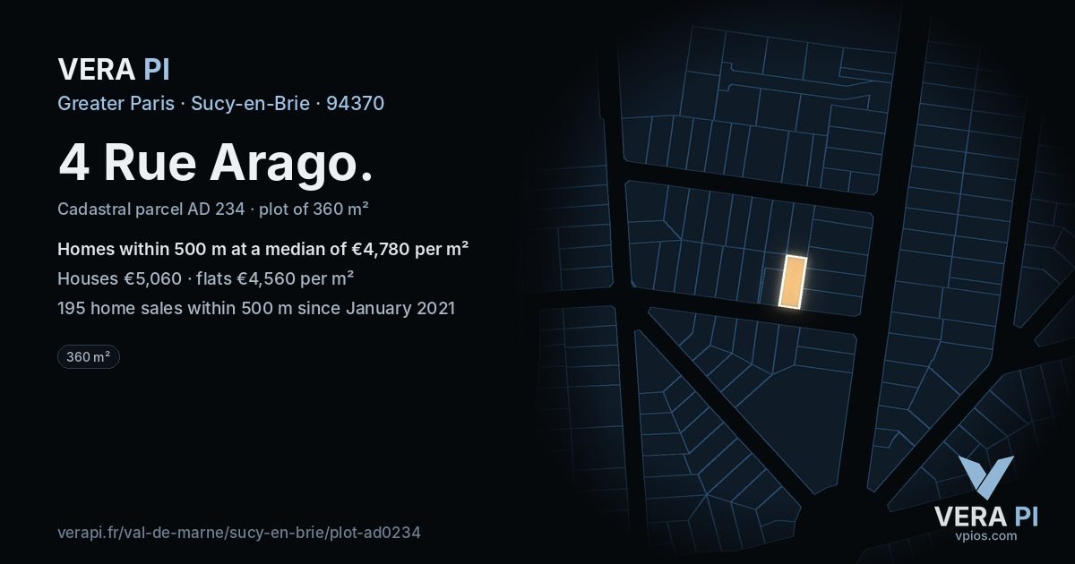 4 Rue Arago, Sucy-en-Brie at night – the plot lit, the parcels around coloured by the prices near them