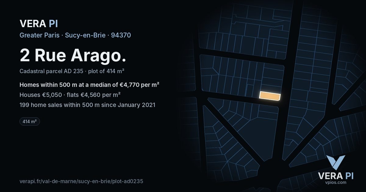 2 Rue Arago, Sucy-en-Brie at night – the plot lit, the parcels around coloured by the prices near them