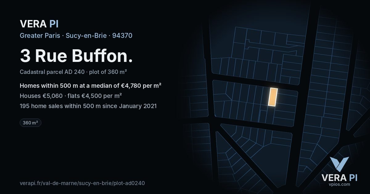3 Rue Buffon, Sucy-en-Brie at night – the plot lit, the parcels around coloured by the prices near them