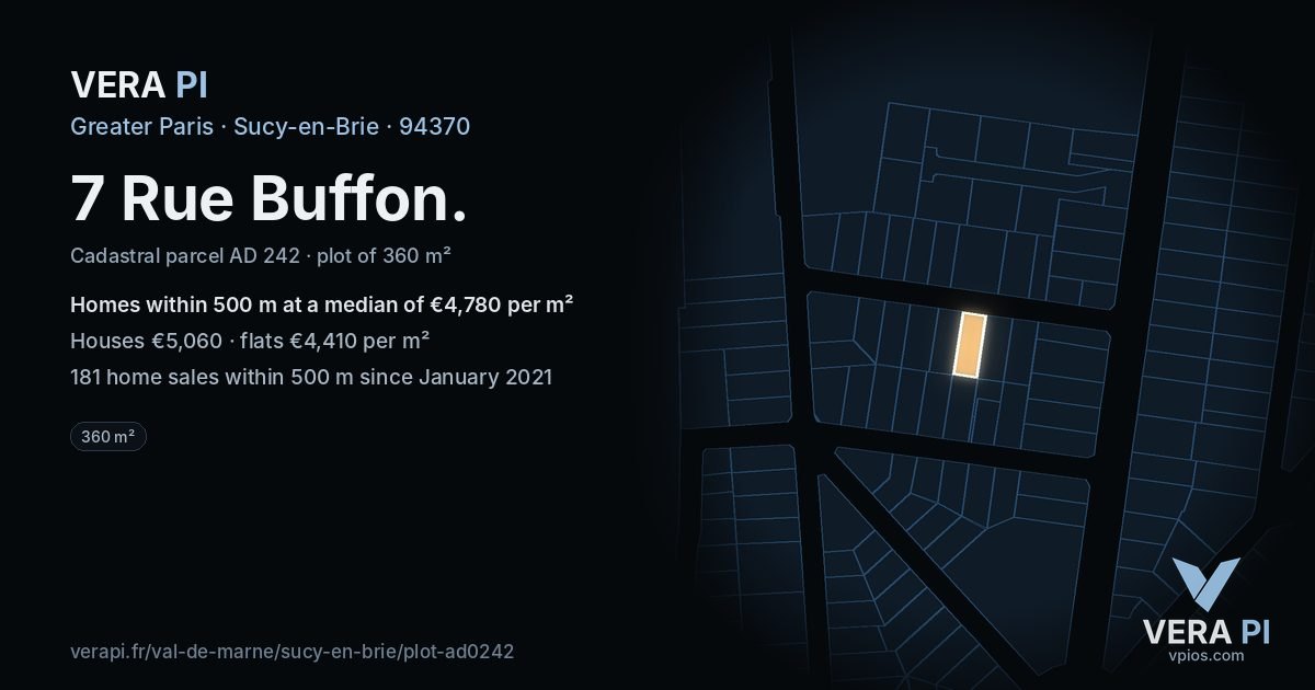 7 Rue Buffon, Sucy-en-Brie at night – the plot lit, the parcels around coloured by the prices near them