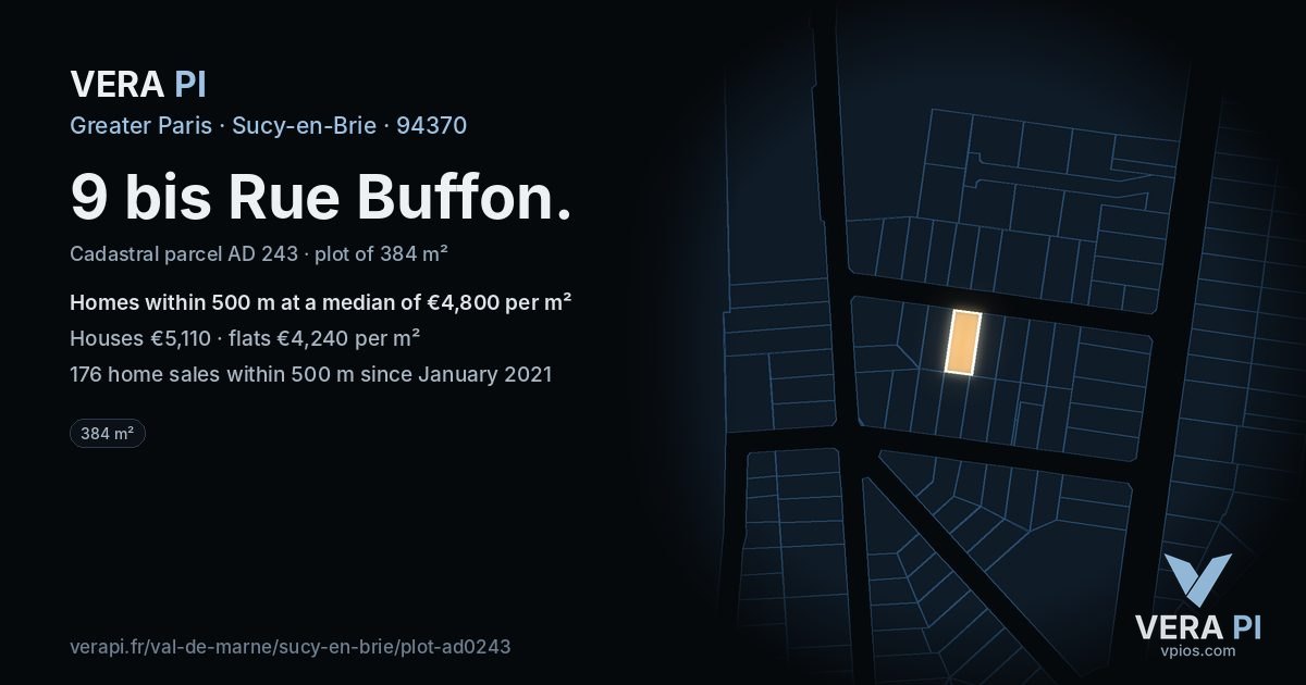 9 bis Rue Buffon, Sucy-en-Brie at night – the plot lit, the parcels around coloured by the prices near them