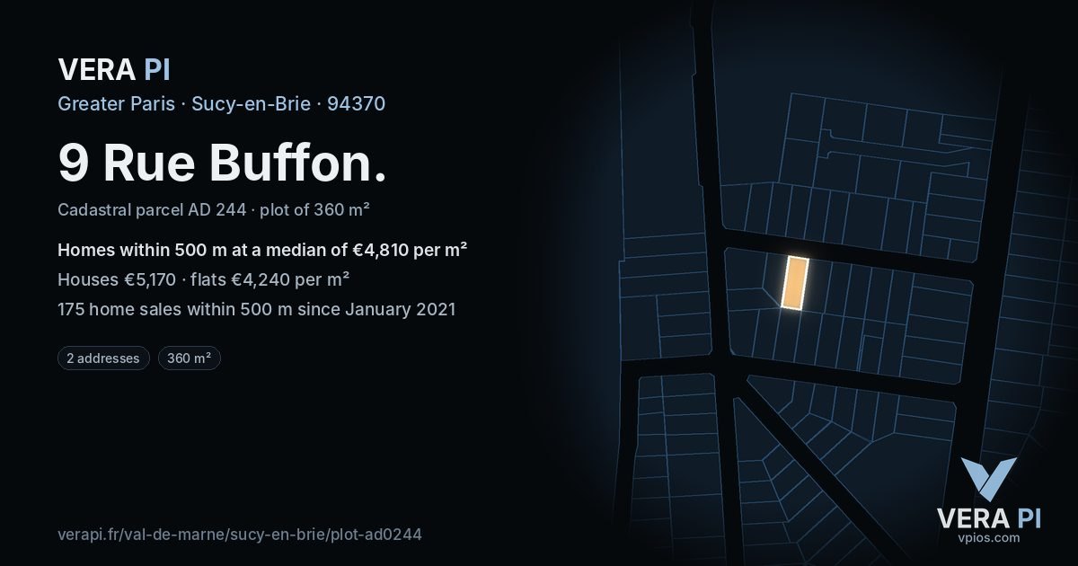 9 Rue Buffon, Sucy-en-Brie at night – the plot lit, the parcels around coloured by the prices near them