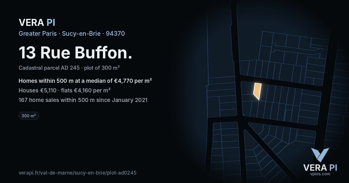 13 Rue Buffon, Sucy-en-Brie at night – the plot lit, the parcels around coloured by the prices near them