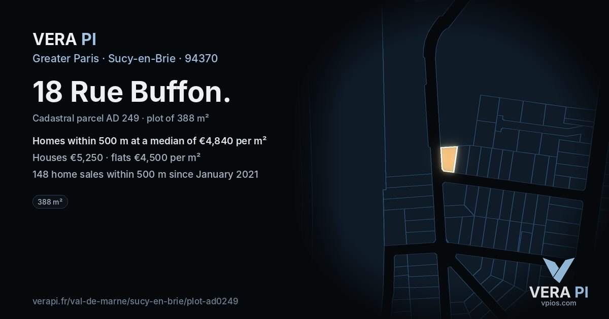 18 Rue Buffon, Sucy-en-Brie at night – the plot lit, the parcels around coloured by the prices near them