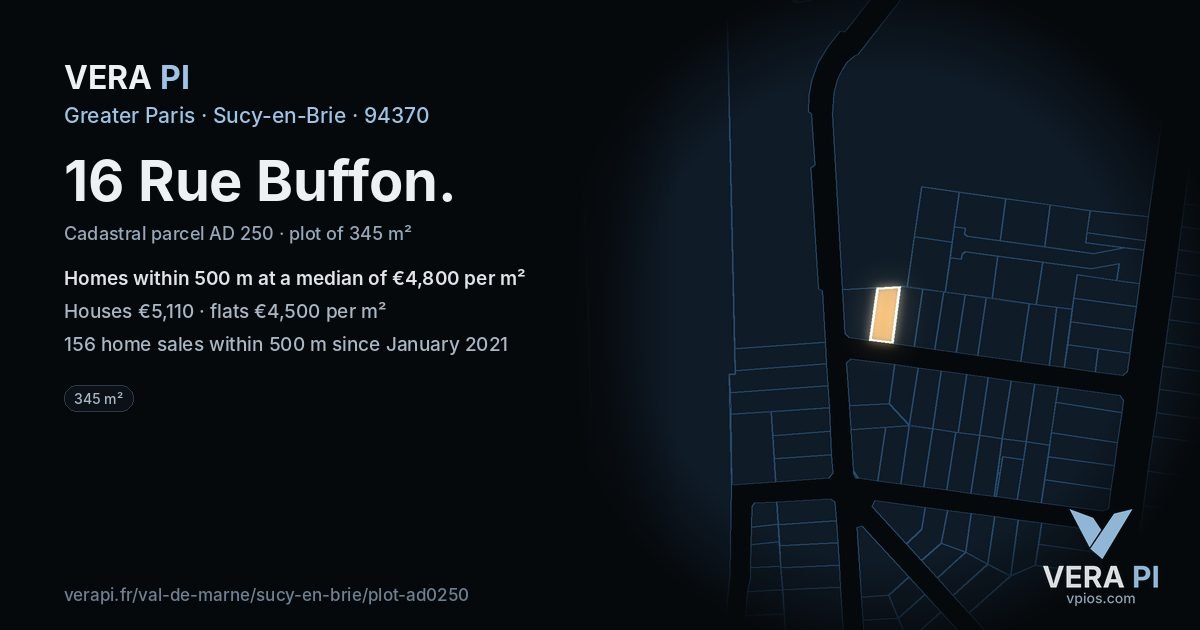 16 Rue Buffon, Sucy-en-Brie at night – the plot lit, the parcels around coloured by the prices near them