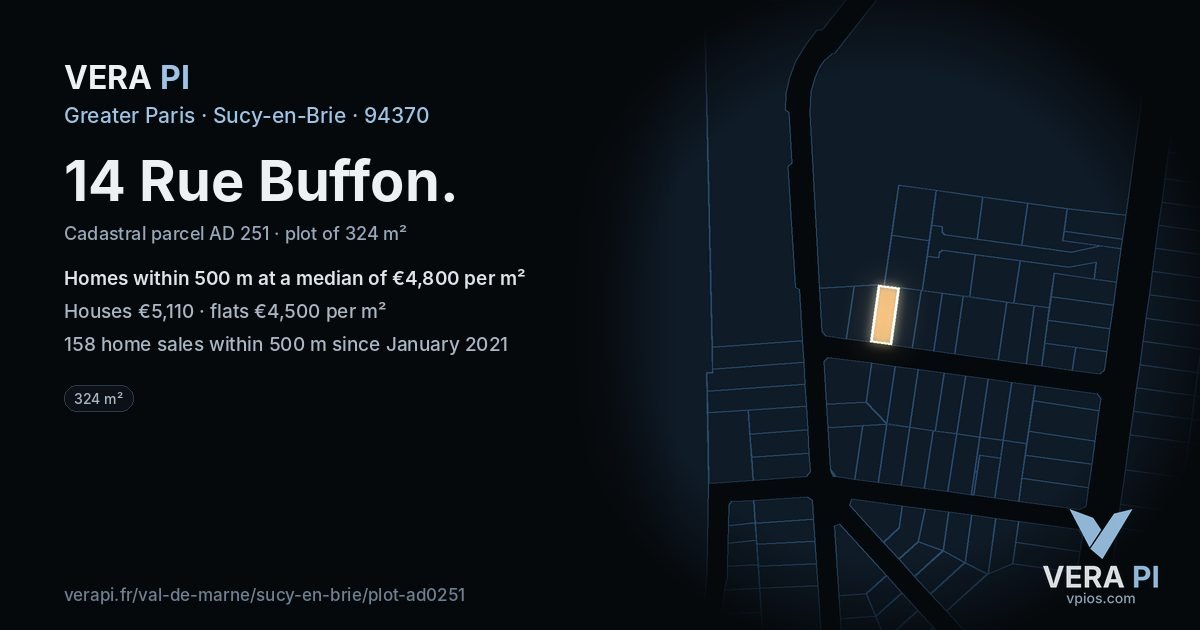 14 Rue Buffon, Sucy-en-Brie at night – the plot lit, the parcels around coloured by the prices near them