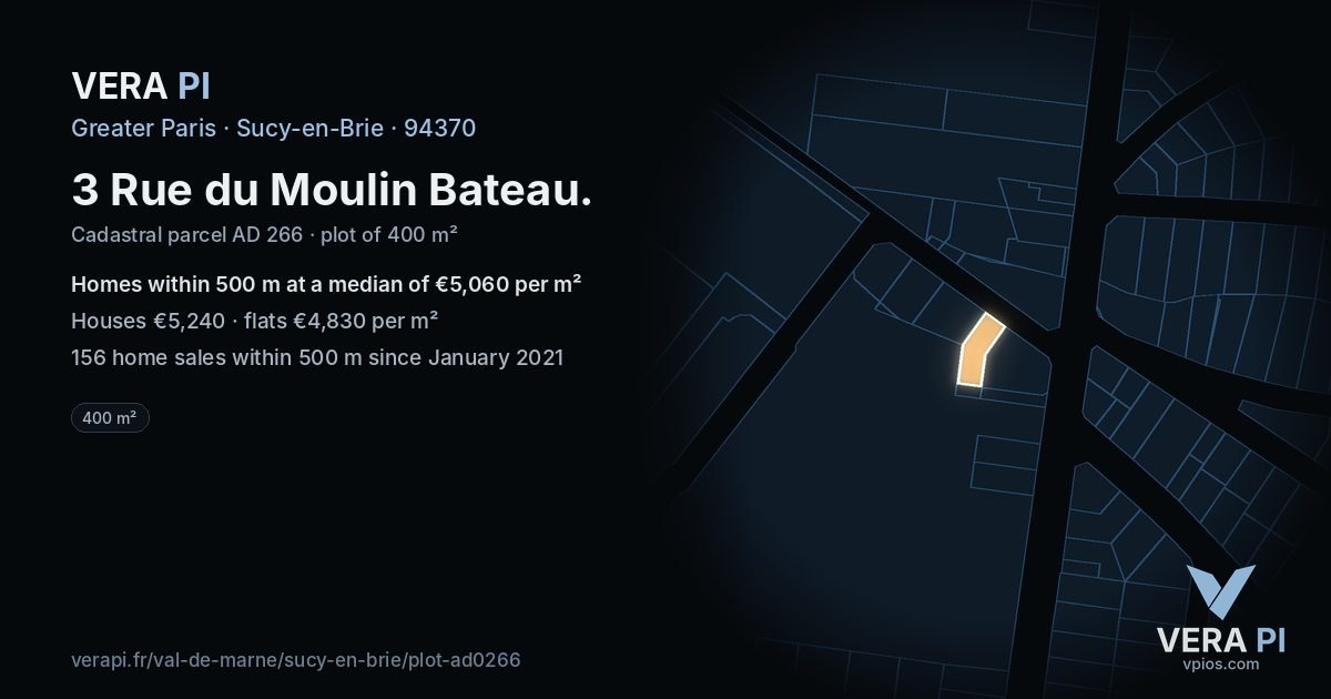 3 Rue du Moulin Bateau, Sucy-en-Brie at night – the plot lit, the parcels around coloured by the prices near them