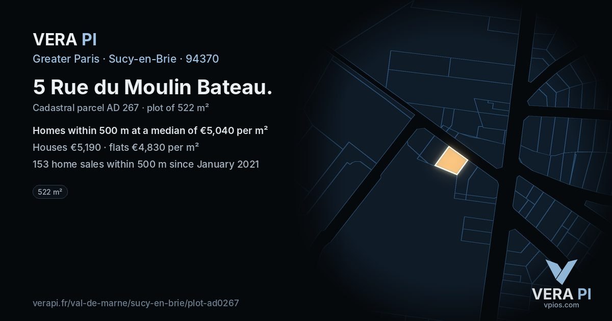 5 Rue du Moulin Bateau, Sucy-en-Brie at night – the plot lit, the parcels around coloured by the prices near them