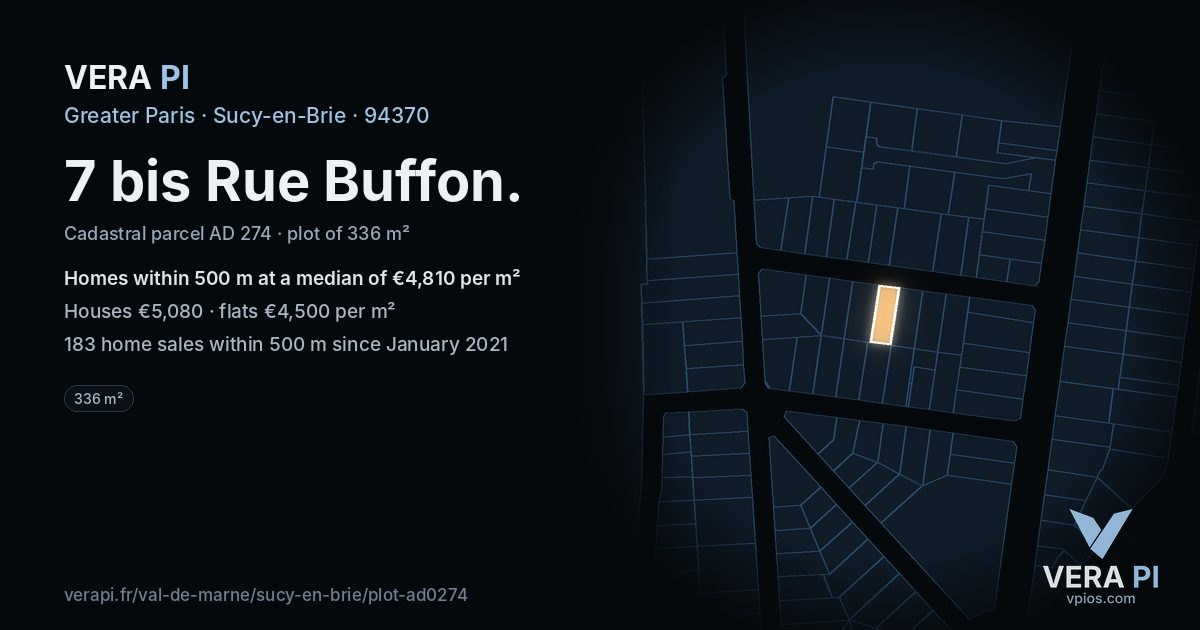 7 bis Rue Buffon, Sucy-en-Brie at night – the plot lit, the parcels around coloured by the prices near them