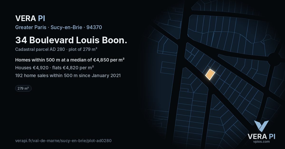34 Boulevard Louis Boon, Sucy-en-Brie at night – the plot lit, the parcels around coloured by the prices near them