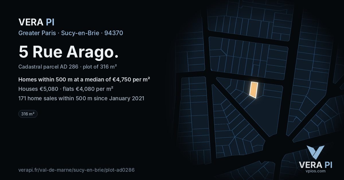 5 Rue Arago, Sucy-en-Brie at night – the plot lit, the parcels around coloured by the prices near them