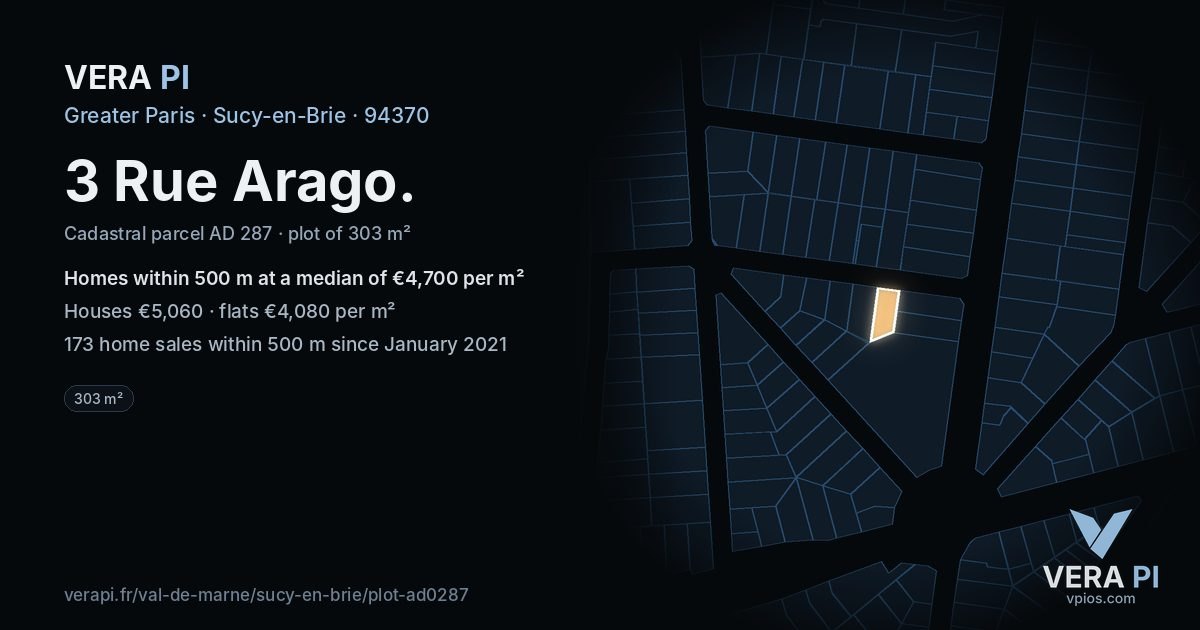 3 Rue Arago, Sucy-en-Brie at night – the plot lit, the parcels around coloured by the prices near them