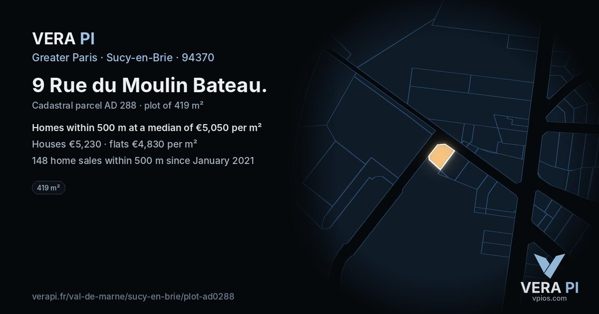 9 Rue du Moulin Bateau, Sucy-en-Brie at night – the plot lit, the parcels around coloured by the prices near them