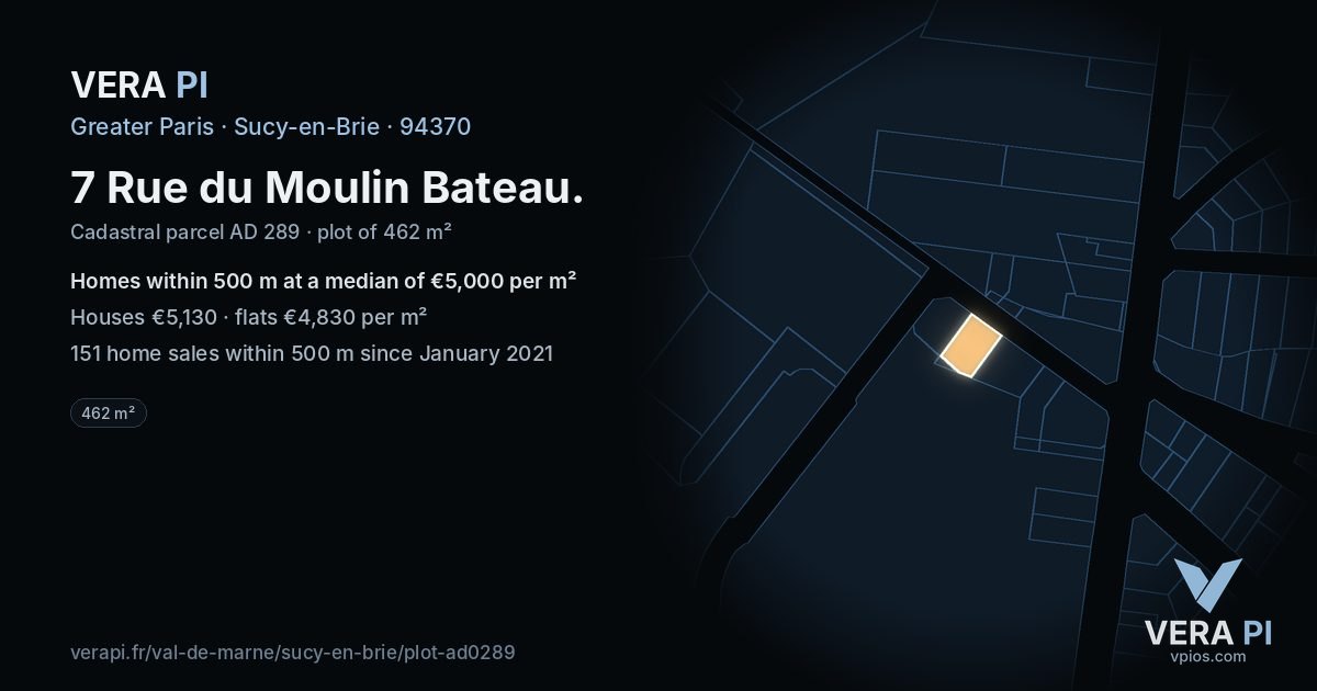 7 Rue du Moulin Bateau, Sucy-en-Brie at night – the plot lit, the parcels around coloured by the prices near them