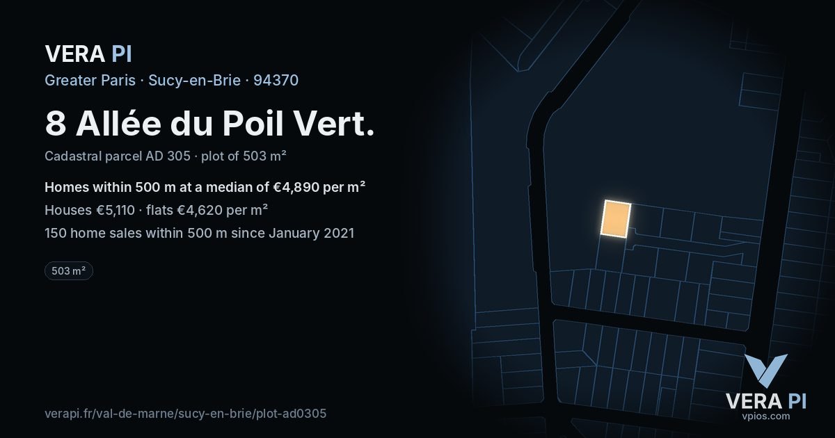 8 Allée du Poil Vert, Sucy-en-Brie at night – the plot lit, the parcels around coloured by the prices near them