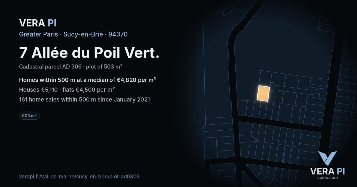 7 Allée du Poil Vert, Sucy-en-Brie at night – the plot lit, the parcels around coloured by the prices near them