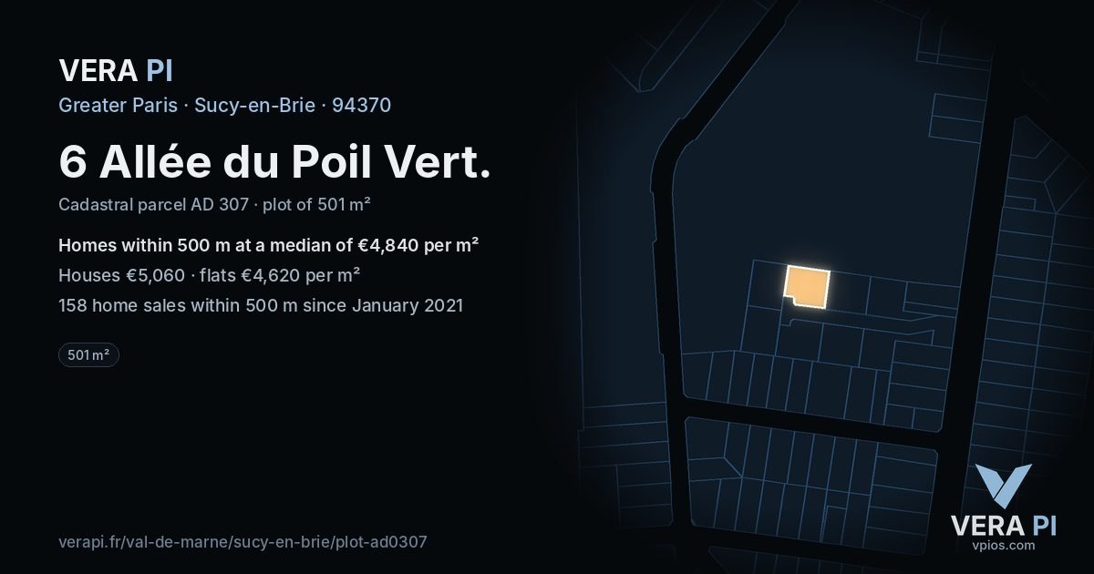 6 Allée du Poil Vert, Sucy-en-Brie at night – the plot lit, the parcels around coloured by the prices near them