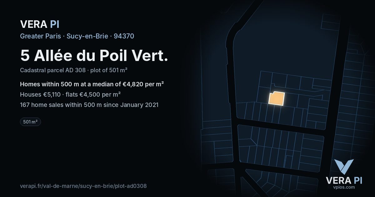 5 Allée du Poil Vert, Sucy-en-Brie at night – the plot lit, the parcels around coloured by the prices near them