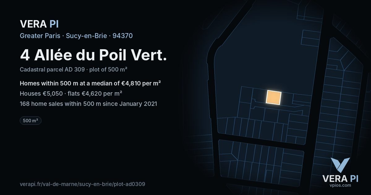 4 Allée du Poil Vert, Sucy-en-Brie at night – the plot lit, the parcels around coloured by the prices near them