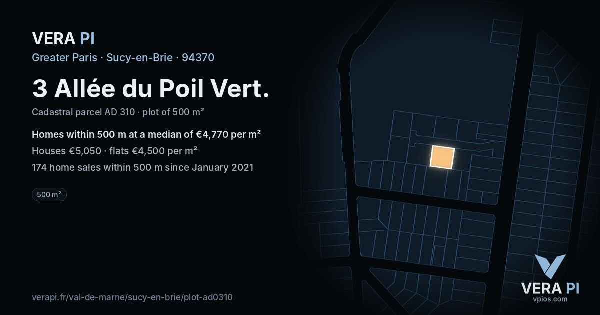 3 Allée du Poil Vert, Sucy-en-Brie at night – the plot lit, the parcels around coloured by the prices near them