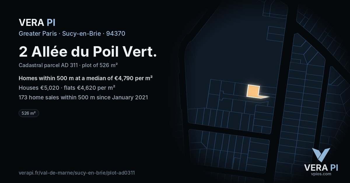 2 Allée du Poil Vert, Sucy-en-Brie at night – the plot lit, the parcels around coloured by the prices near them