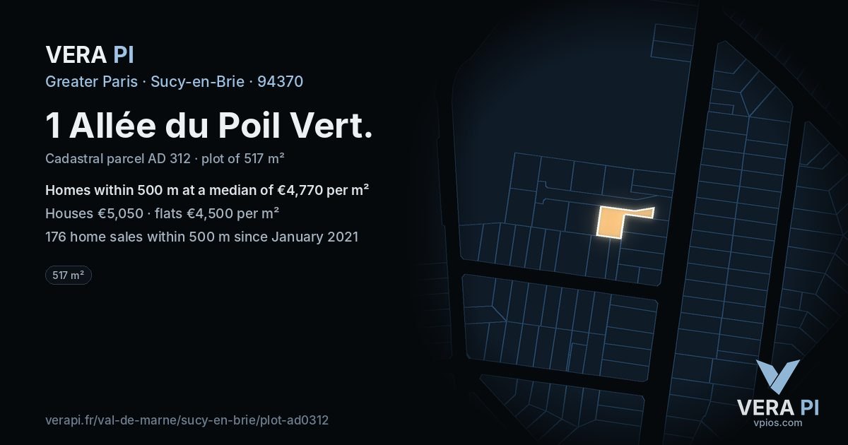 1 Allée du Poil Vert, Sucy-en-Brie at night – the plot lit, the parcels around coloured by the prices near them