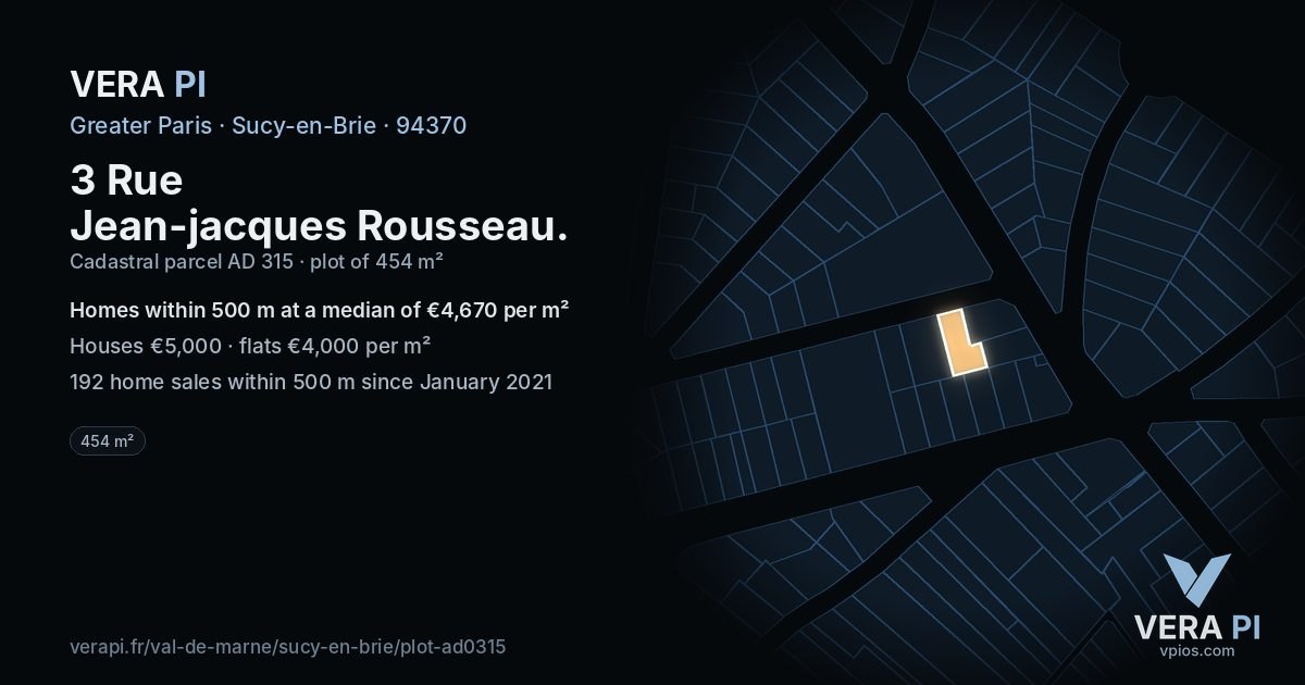 3 Rue Jean-jacques Rousseau, Sucy-en-Brie at night – the plot lit, the parcels around coloured by the prices near them