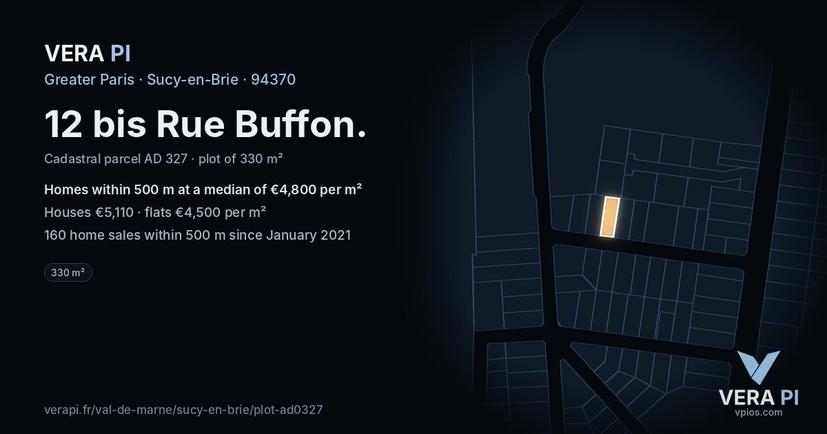 12 bis Rue Buffon, Sucy-en-Brie at night – the plot lit, the parcels around coloured by the prices near them