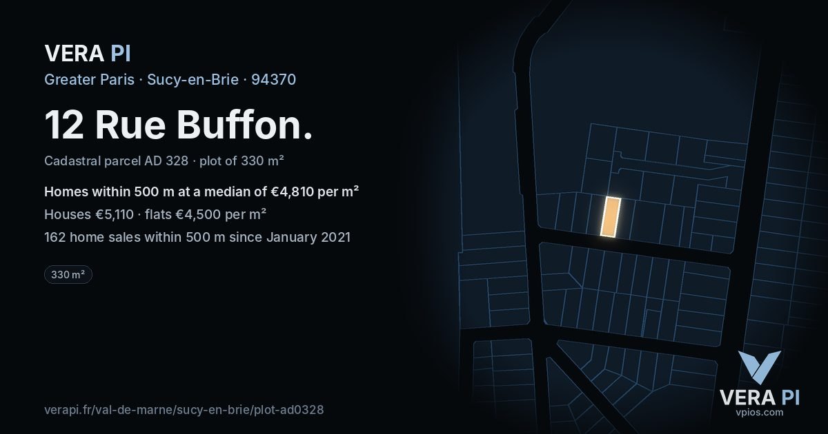 12 Rue Buffon, Sucy-en-Brie at night – the plot lit, the parcels around coloured by the prices near them