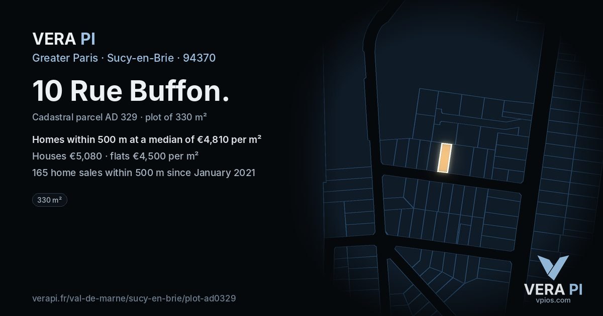 10 Rue Buffon, Sucy-en-Brie at night – the plot lit, the parcels around coloured by the prices near them
